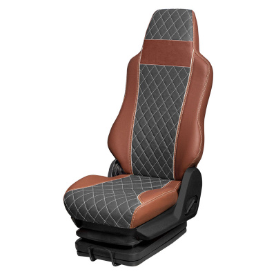 83 Чехлы Премиум VOLVO FH-13 от 2013 (2 ремня) 2 выс.сид. с рычагами откидывания спинки (ПремиумКоричневый+ПремиумСерый)