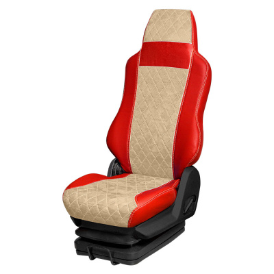 25 Чехлы Премиум VOLVO FH-12  до 2003 (без ремней) 2 низ.сид. (ПремиумКрасный+АликБежевый)