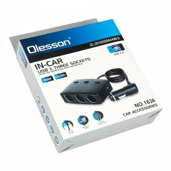 Разветвитель в прикуриватель № 1636 3 устройства USB 1 порт