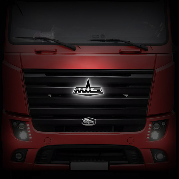 Светодиодная эмблема-логотип (черный пластик) для грузовиков MAZ EURO (Простор) (190х420мм)